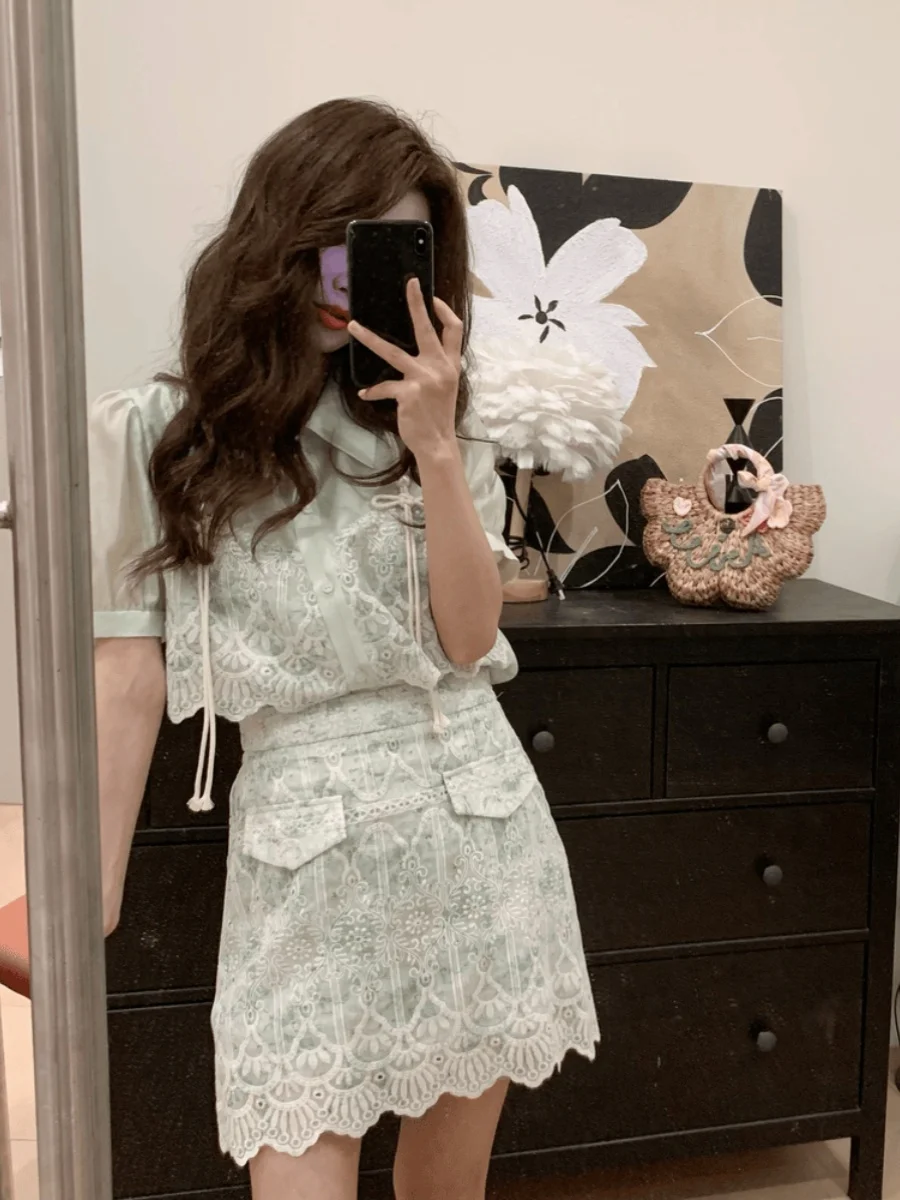 Женский костюм из двух предметов кружевная рубашка в стиле ретро с высокой