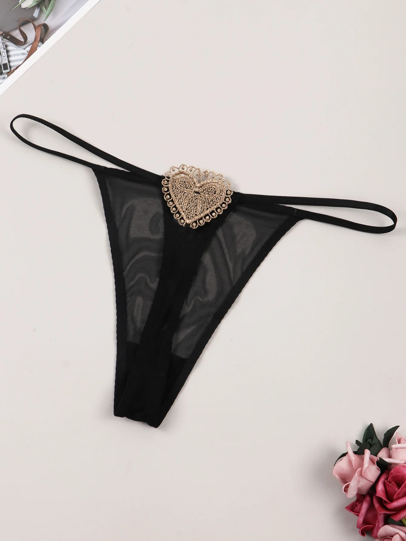 

CYHWR Women's Solid Color Black Love Embroidery Decoration Soft Panty Underwear Breathable Sexy Low Waisted Thong