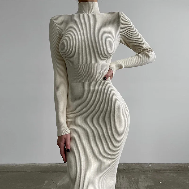 

Autumn Women's Knitted Dress Sexy Skinny White Long Sleeve Stand Collar Sweater Dresses Female Fashion Elegant Clothes Ladies