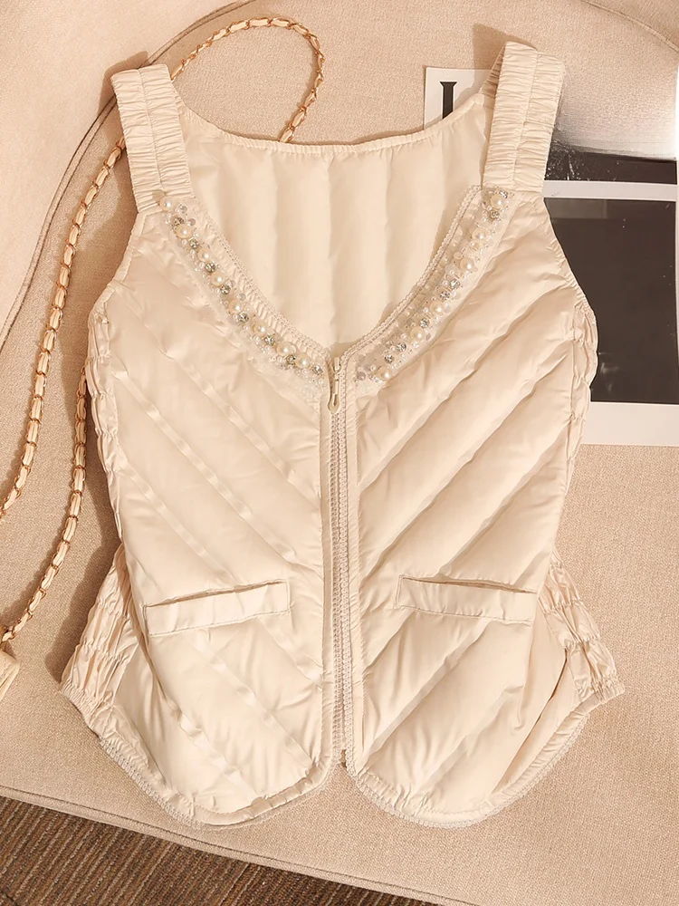 Женский пуховый жилет с бусинами для тяжелой промышленности зима 2023 новый дизайн