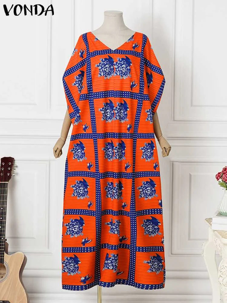 Plus Size 5XL VONDA Summer Dress 2023 Women Bohemian Printed Long Maxi Sundress Sexy V-Neck Loose Long Sleeve Party Robe Femme