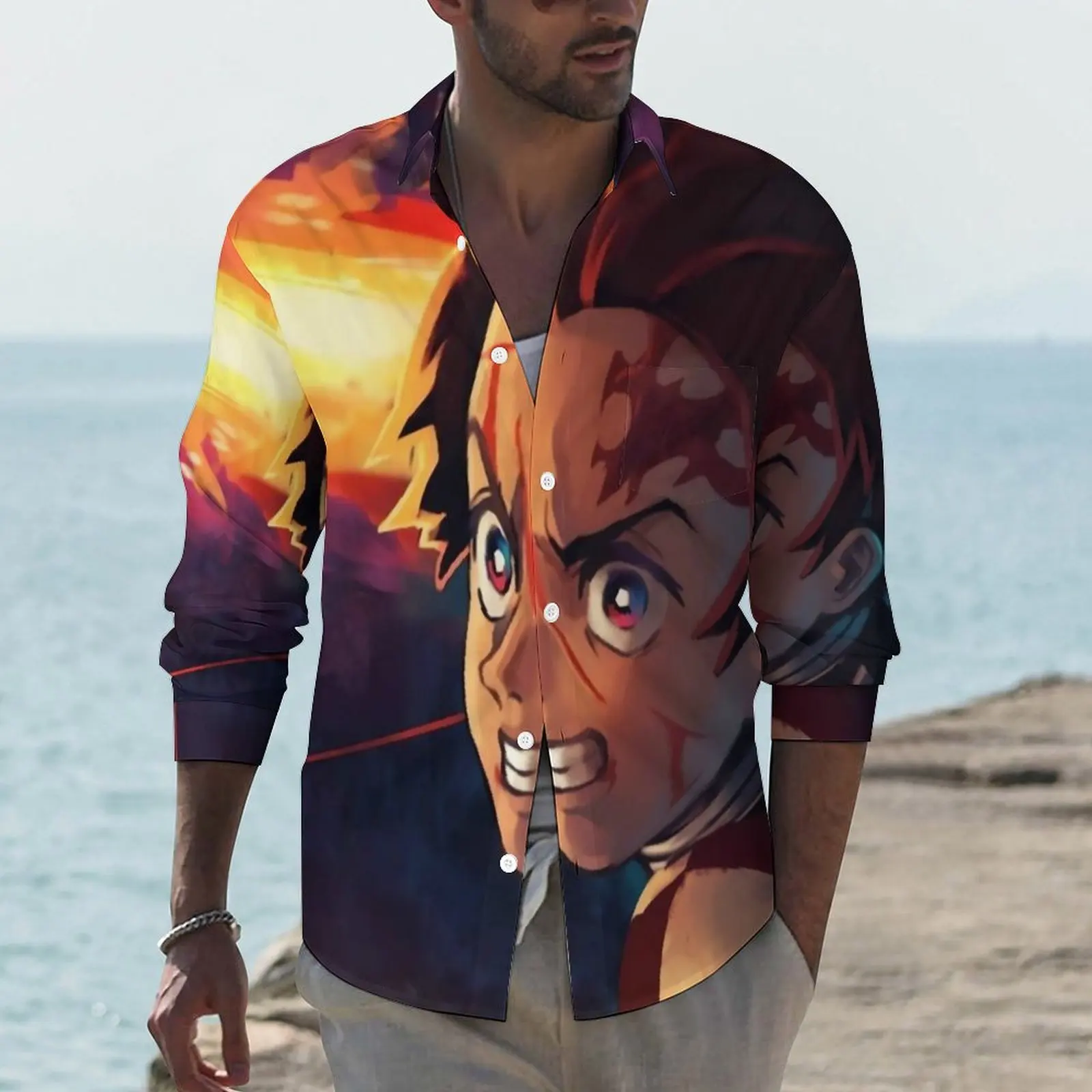 

Demon Slayer Shirt Mens Kimetsu No Yaiba Anime Casual Shirts Autumn Stylish Print Blouses Long Sleeve Loose Oversized Clothing