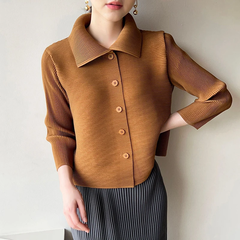 GVUW плиссированная женская рубашка с лацканами однобортная длинным рукавом