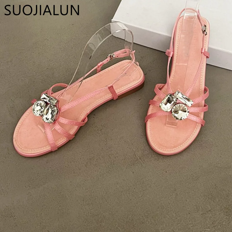 

2023 Summer New Brand Women Sandal Fashion Narrow Band Ladies Sandal Big Crystal Ladies Elegant Flat Slides Shoes Buckle Strap