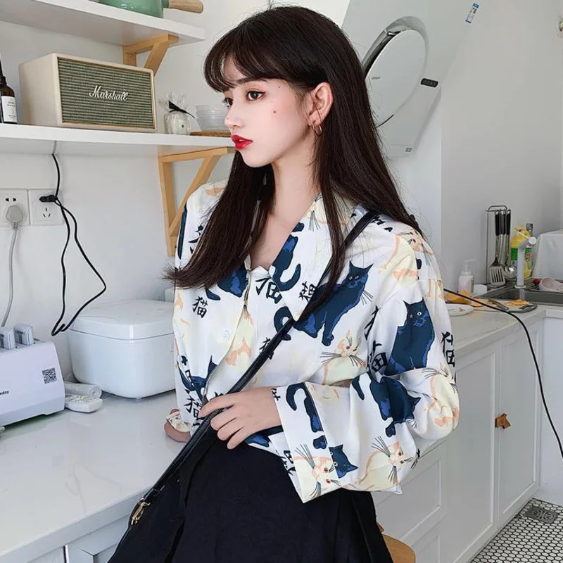 Фото Повседневные универсальные женские Blusa Top, женские винтажные блузки с принтом кота, базовые свободные шикарные дизайнерские женские рубашки с длинными рукавами №5