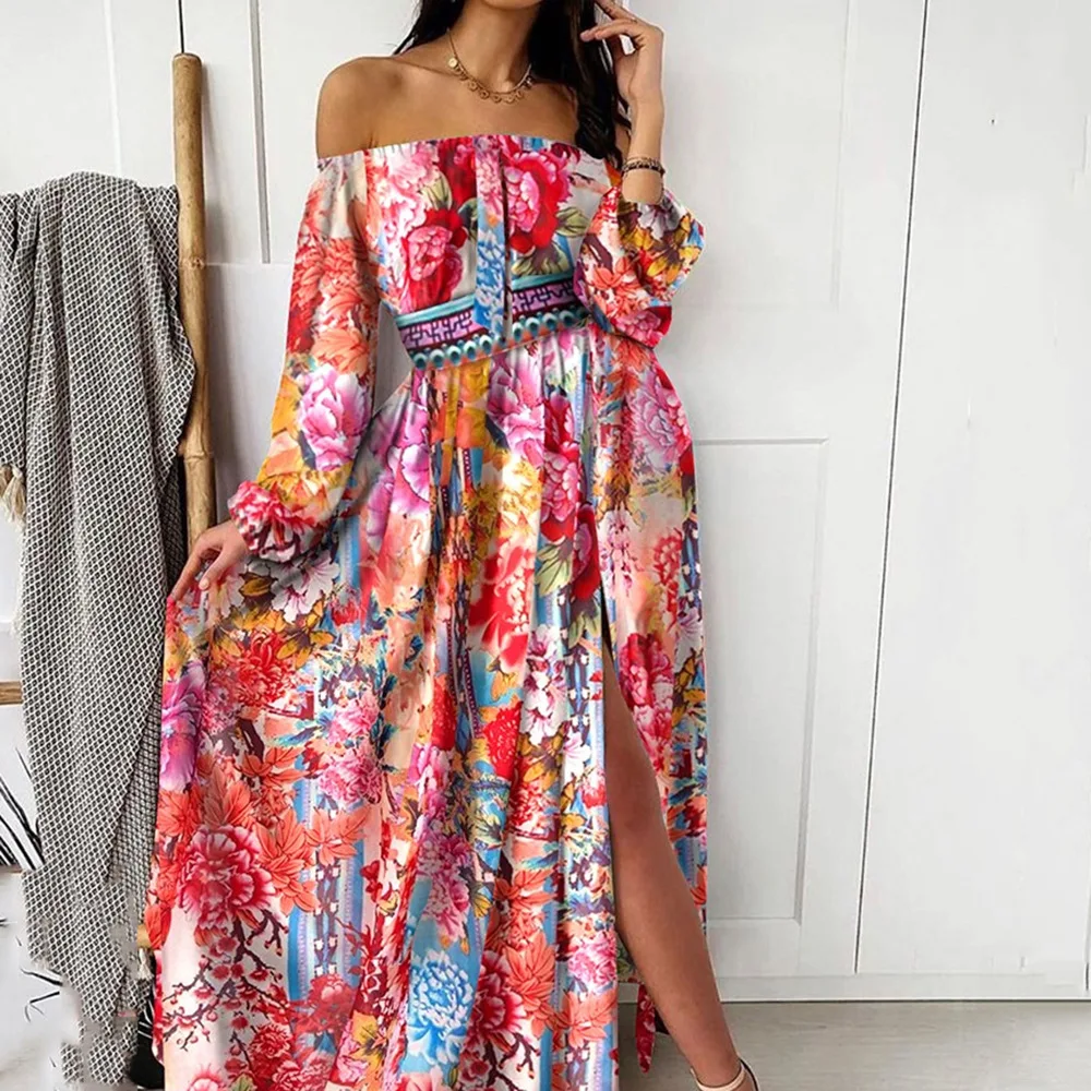 

2022 Spring Summer Print V-neck Vintage Long Sleeves Swing Split Long Skirt