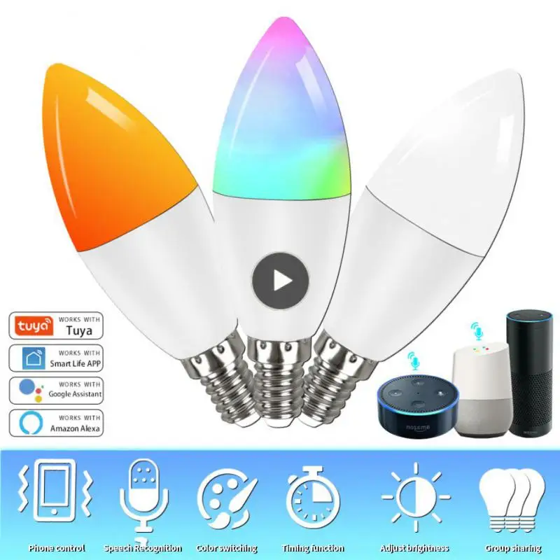 

Wifi Smart Light Bulb Compatible Alexa Google Home Dimmable Led Bulb App Control 5w 7w 9w E14 Candle Lamp Tuya Rgb