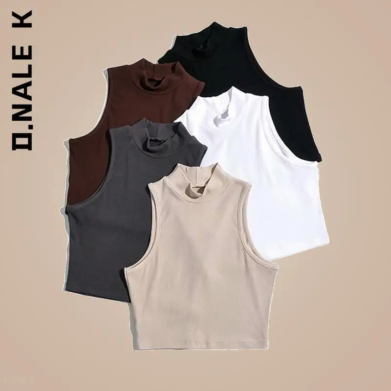 

D.Nale K Summer White Sleeveless Black Women Fashion Crop Top High Neck Tank Tops 5 Colors