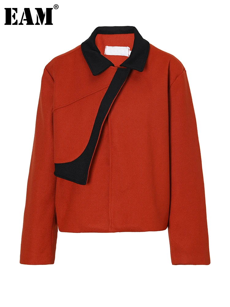 

[EAM] Loose Fit Red Color-block Big Size Woolen Jacket New Lapel Long Sleeve Women Coat Fashion Tide Spring Autumn 2023 1DF3506