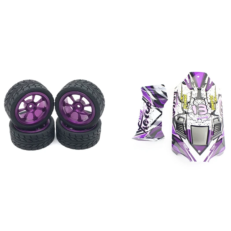 

2 Set RC Car Part: 1 Set 65Mm Metal Wheel Rim + High Grip Rubber Tires Tyres & 1 Set Car Body Shell Car Cover Tail Wing
