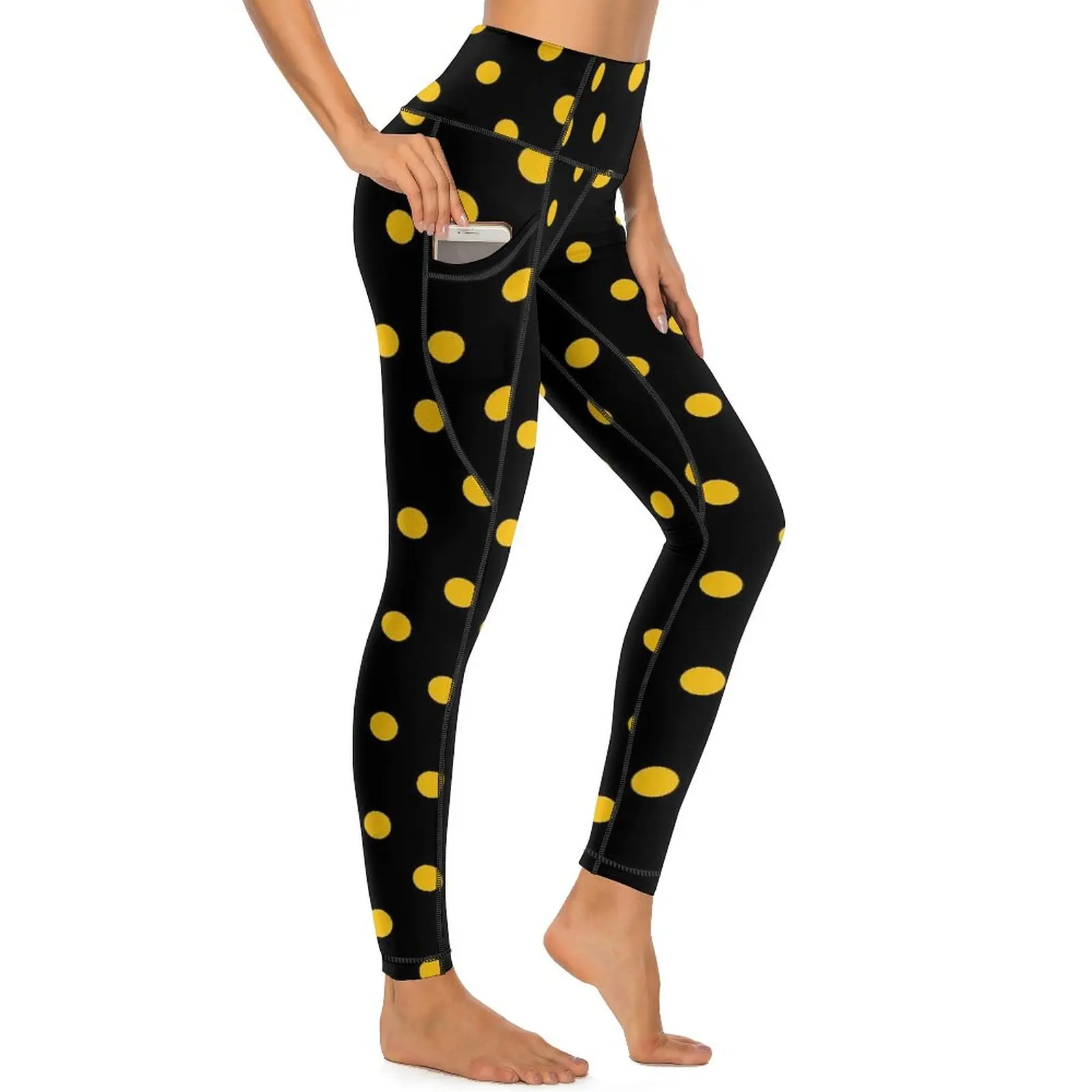 

Gold Dot Print Leggings Sexy Classic Polka Dots Workout Yoga Pants Push Up Sports Tights With Pockets Vintage Printed Leggins