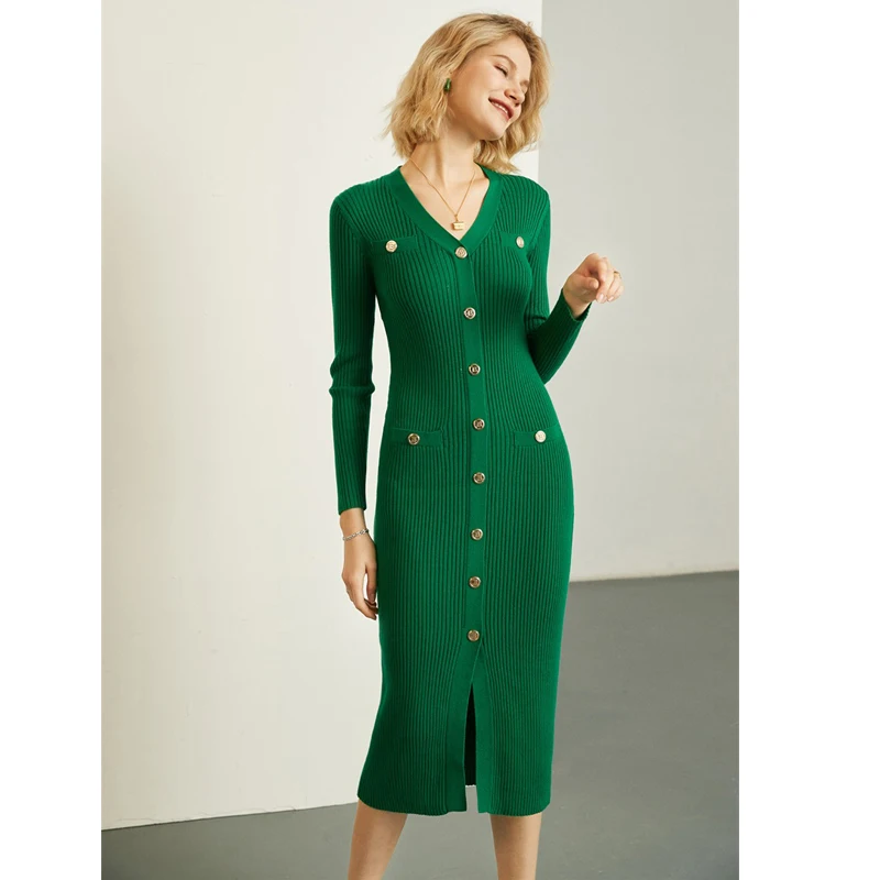 

BALMEN Women Knitted Dress Early Spring 2022 New Temperament French Elegant V Neck Waist Slim Free Shipping Brand