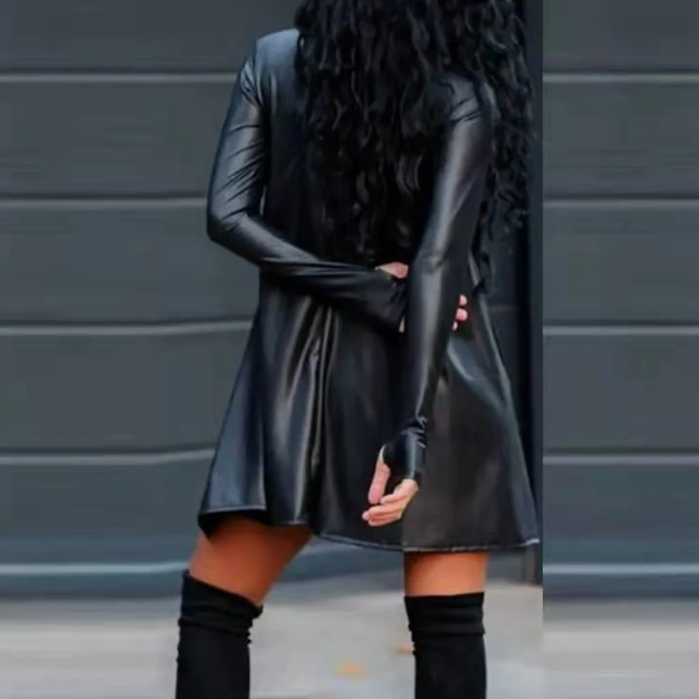 

Wepbel Sexy Dress Sexy Loose PU Club Wear Round Neck Long Sleeve Big Hem Dress Solid Color Women's Faux Leather Dress