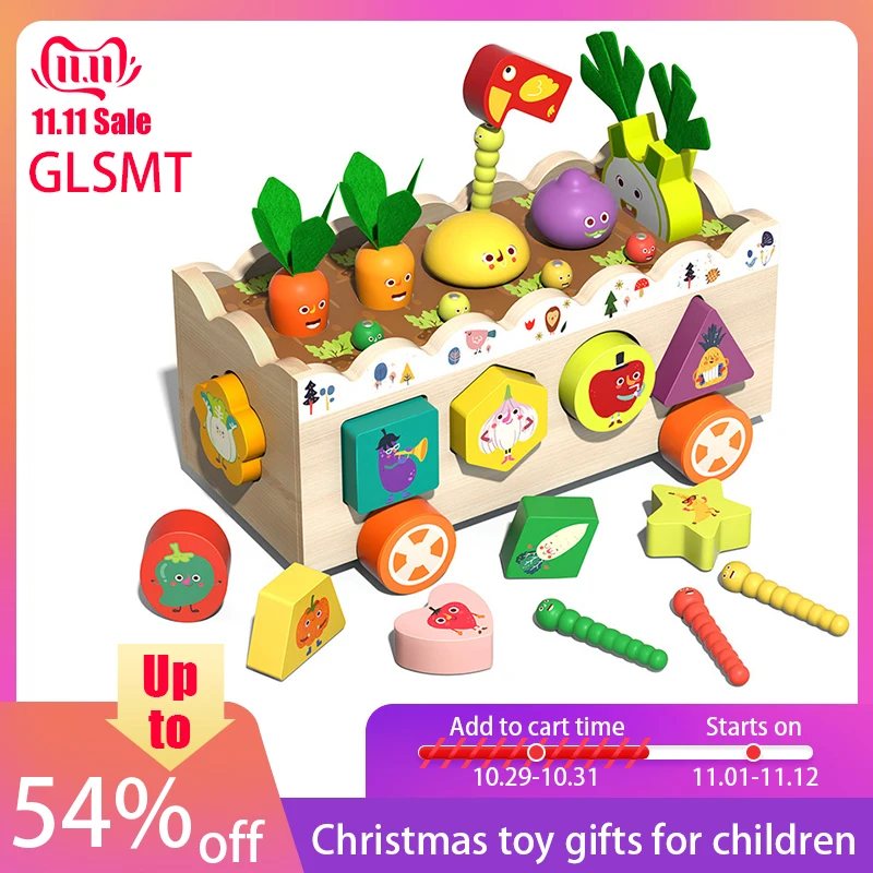 

Kids Montessori Wooden Toys Pull Carrot Set Coin Box Drawer Game Science Educational Shape Matching Puzzle Toy for Children Gift