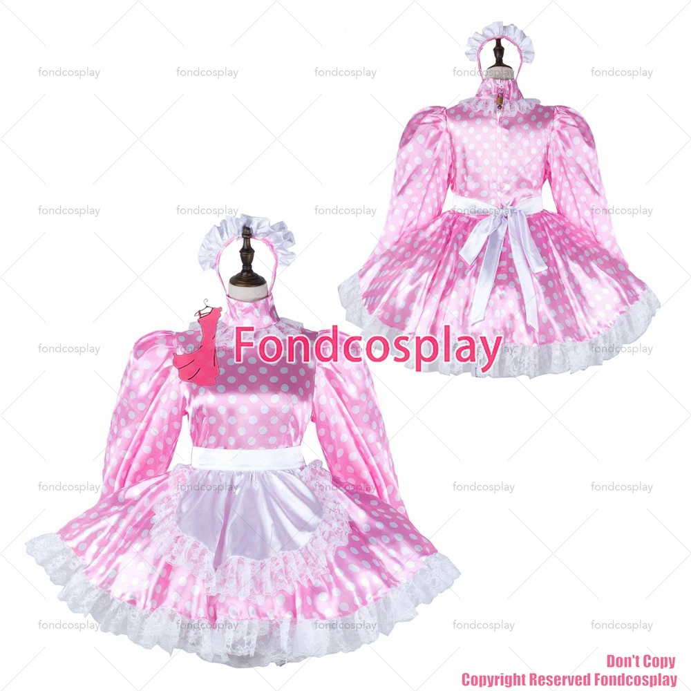 

fondcosplay adult sexy cross dressing sissy maid baby pink Dots satin dress lockable Uniform white apron CD/TV[G2265]