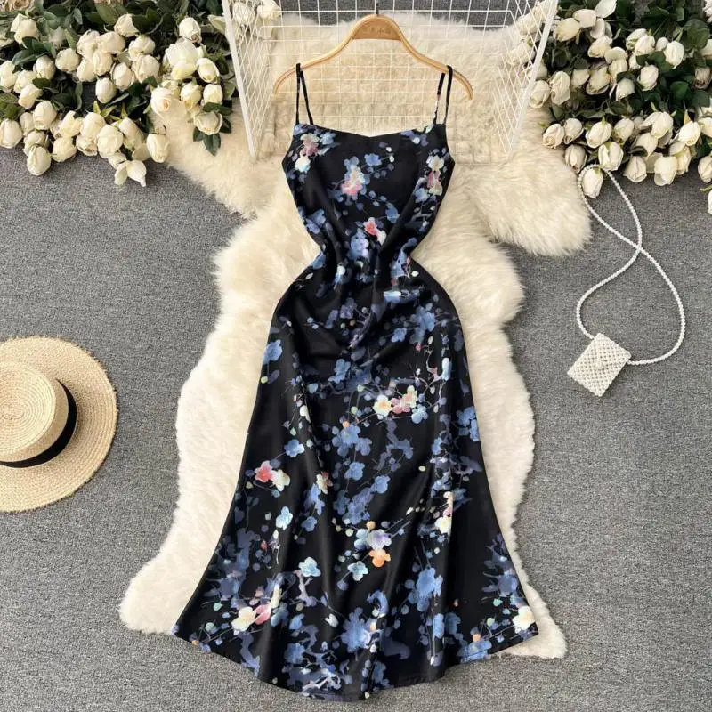

WEIHAOBANG 2022 Summer Women's New Dress Suspender Pullover V-neck Printed High Waist Medium Length Slim Dress