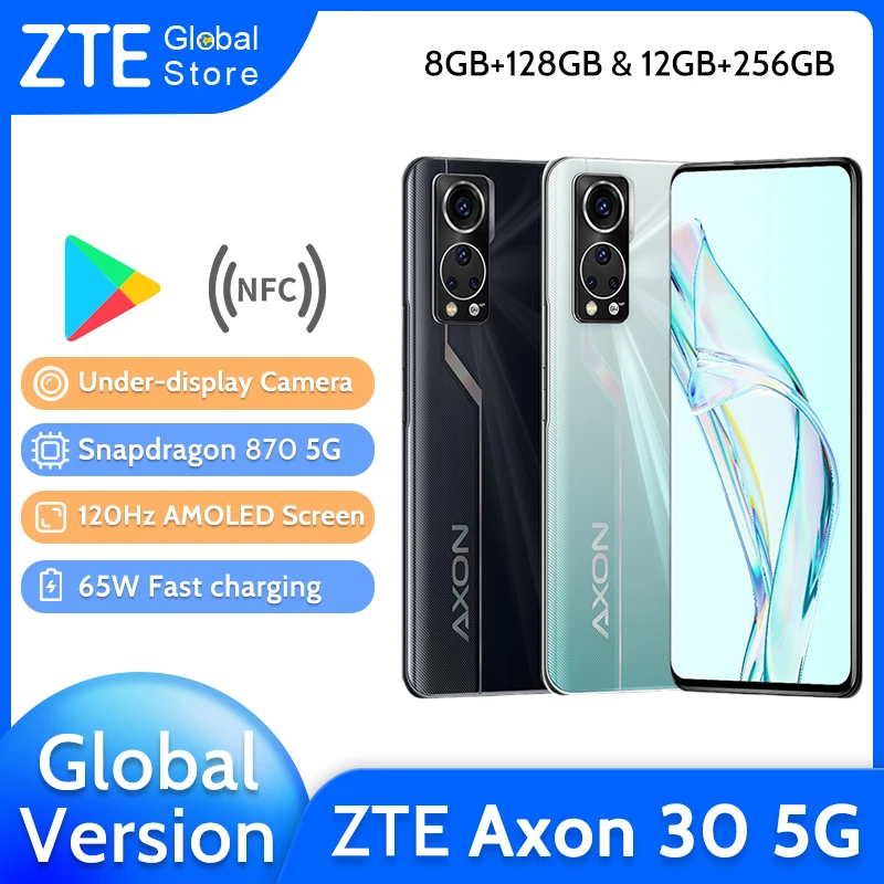 Global Version ZTE Axon 30 5G Under Screen Camera Smartphone 8GB 128GB 6.92'' 120Hz AMOLED Display Snapdragon 870 65W FastCharge