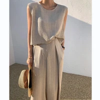 casual loose 2 piece women sets female short o neck sleeveless shirts blouses and wide leg pants suits 2022 summer outfits y527