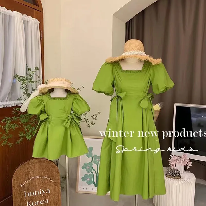 

Family Matching Clothes Spring Summer Shirt Cute Bow Mother Daughter Soft Cotton Dress Women Long Dress Baby Girl Dress