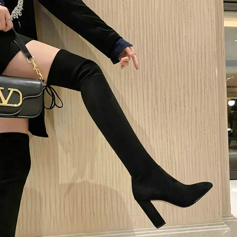 Замша нубук кожа блочный высокий каблук сексуальные женские выше колена носки