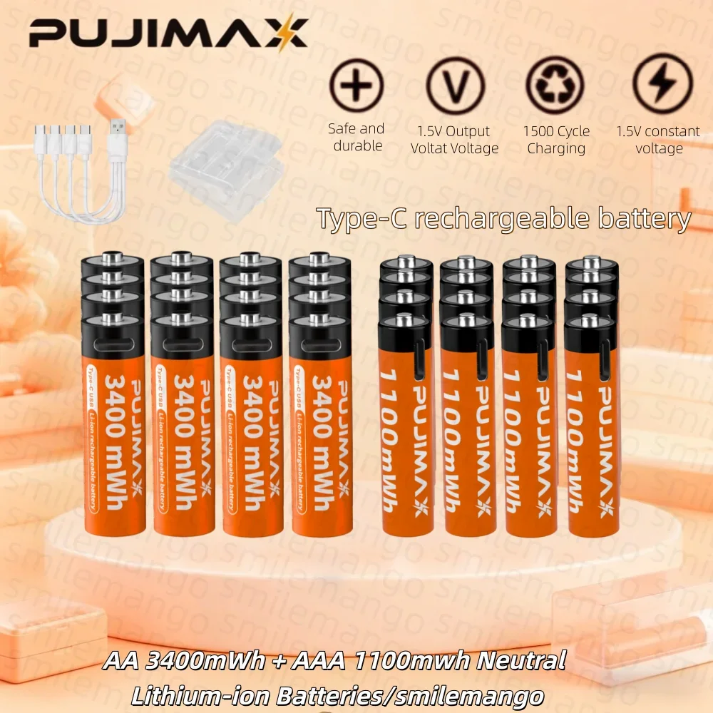 Фото Литиевые аккумуляторы AA&AAA 1.5V, 3400мВтч/1100мВтч, с зарядкой через Type-C, перезаряжаемые до 1500 раз, для будильников №3