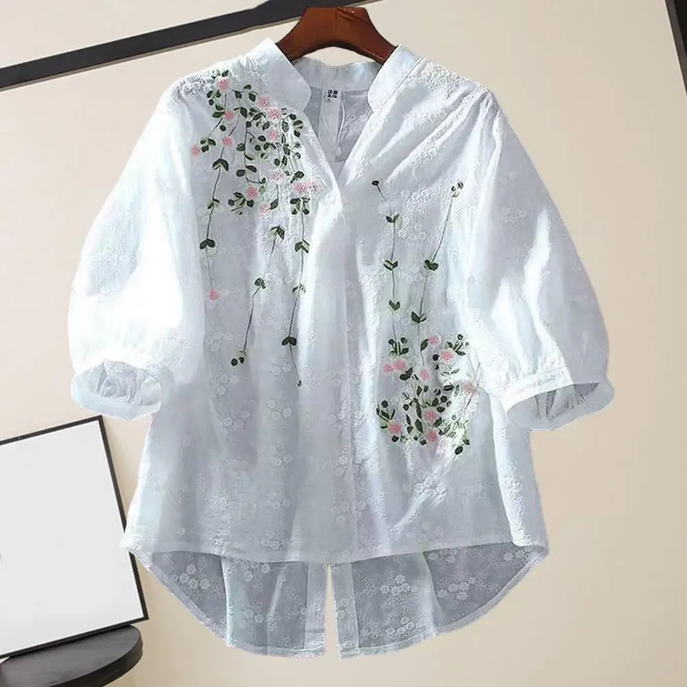

Women Shirt Retro Embroidery Flowers Pattern Shirt Tops Stand Collar V-neck Buttons Half Placket 3/4 Sleeve Loose Tops