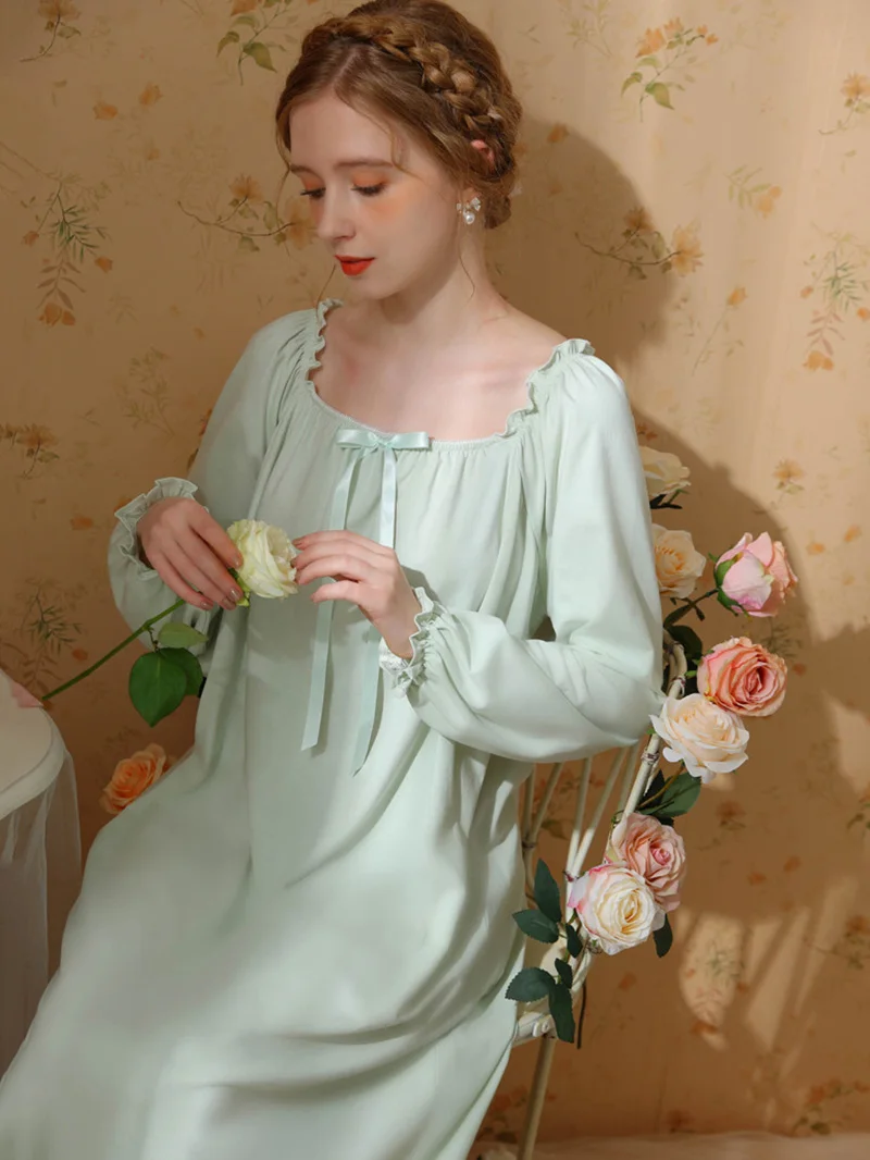 Women Ladies Spring Sleepwear Long Sleeve Cotton Victorian Nightgowns Pajamas Ruffles Fairy Lace-up Princess Vintage Nightdress