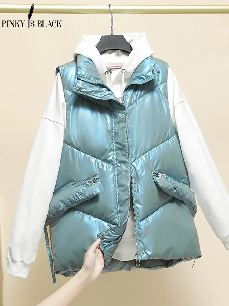 

PinkyIsBlack 2022 New Sleeveless Women Vest Winter Warm Down Cotton Padded Jacket Female Vests Mandarin Collar Shiny Waistcoat