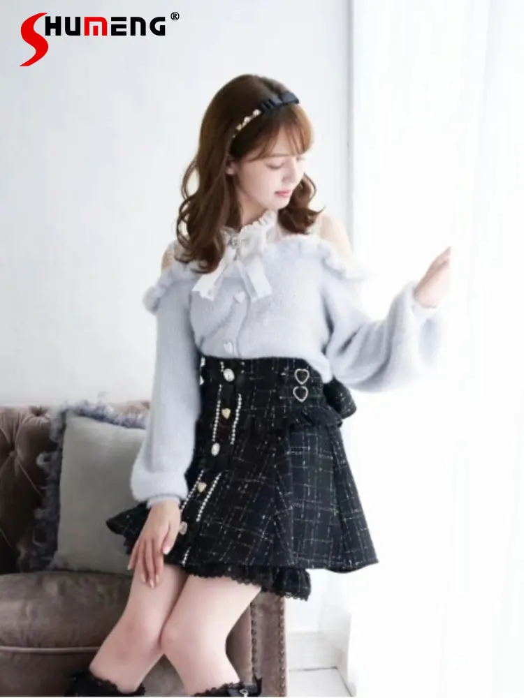 Lolita Off-Shoulder Furry Sweater Female Student 2022 Autumn and Winter New Sweet Elegant Long Sleeve Bow Lace Slimming Knitwear