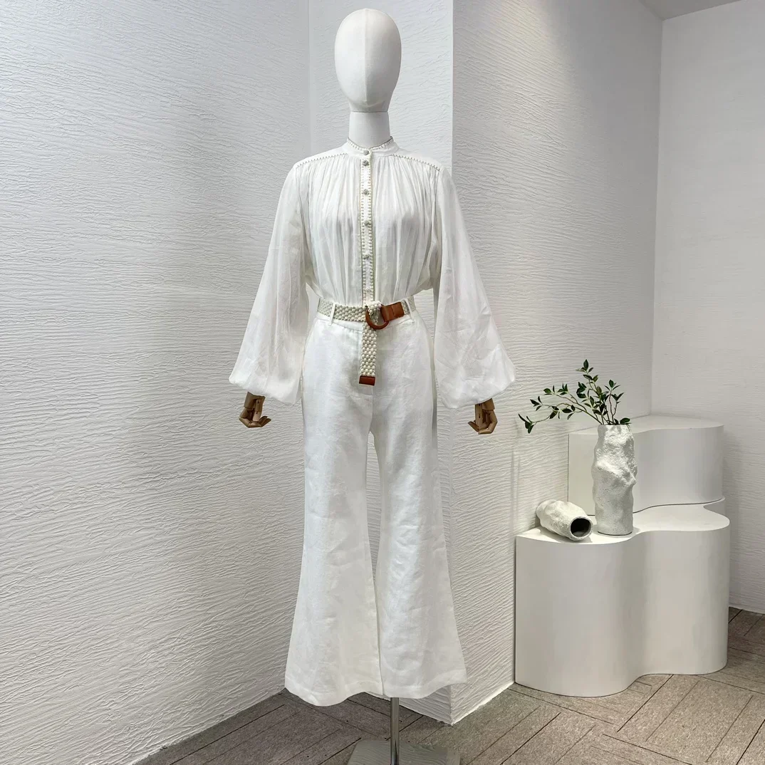 Высочайшее качество новинка 2024 льняная блузка с рукавами-фонариками и