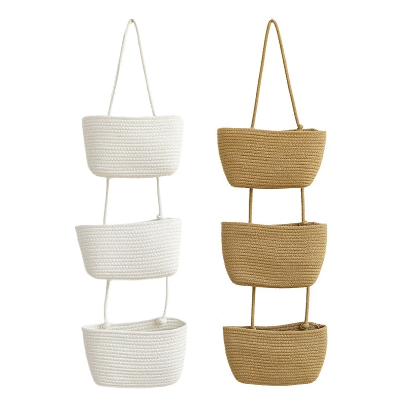 

A0KE Wall Hanging Woven Storage Basket Cotton Rope Organizer 3 Tier Multipurpose
