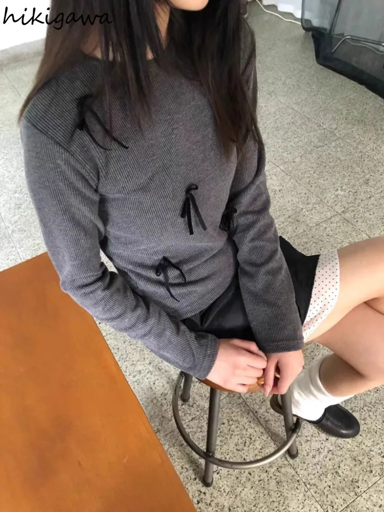 Укороченные топы корейские футболки для женщин хлопковые с длинным рукавом и