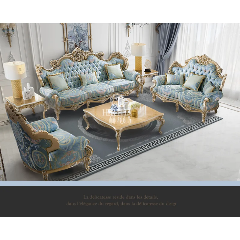 

Дворцовый диван Rococo из французской ткани в европейском стиле, Высококачественная вилла, неоклассическая резьба с фольгой Sier P1