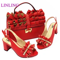 mature nigerian new arrival fashion hot and youth style red color ladies shoes and bag set with rhinestone for party wedding