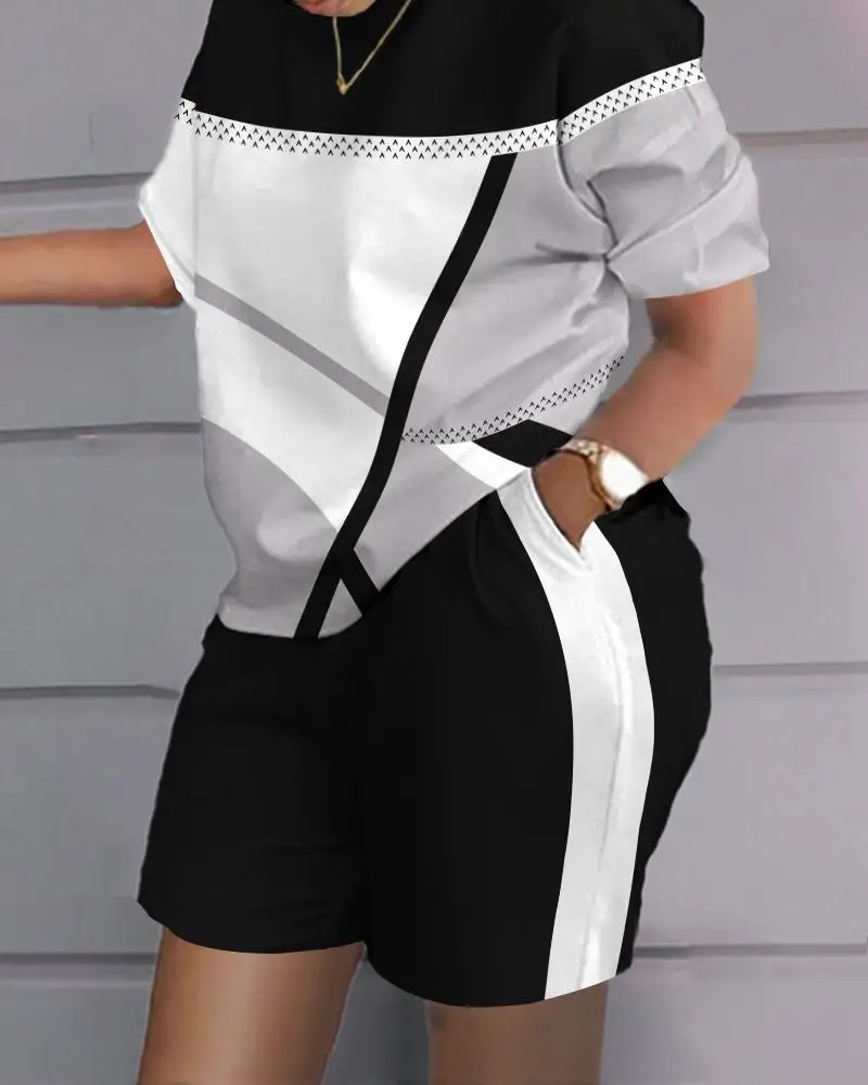 

Geometric Print Casual Top & Shorts Two Piece Set Women Summer Vacation Fashion Elegant Tracksuit Outfits Streetwear