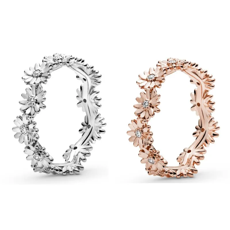 

Authentic 925 Sterling Silver Sparkling Rose Daisy Flower Crown With Crystal Ring For Women Wedding Party Europe Fashion Jewelry