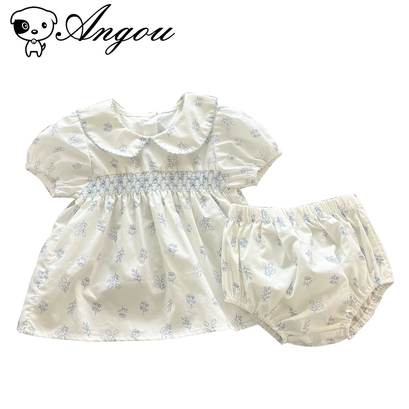 

Angou Newborn Girls Cotton Suit Small Floral Lapel Short Sleeve Jumpsuit Dress Suit+Baby Girls Bread Pants Shorts 2 pieces Suit