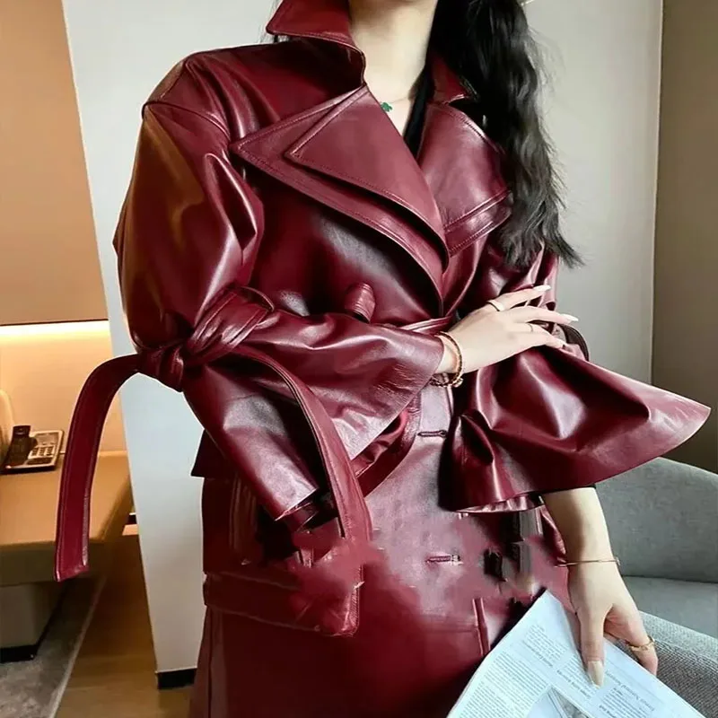 (Yihaodi Clothes) High class leather clothes for women in 2022 autumn and winter new style suit collar bell sleeve tie waist fas