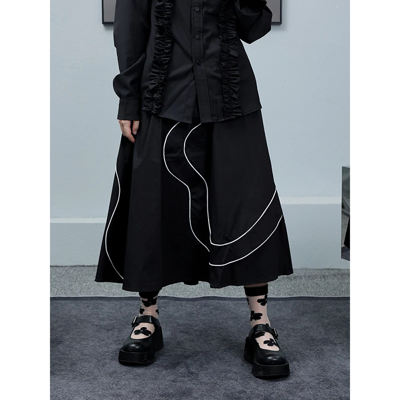 

SuperAen 2022 Dark Bright Line Design High Waist Mid-autumn 2022 Big Swing Pleated A-line Skirt Women