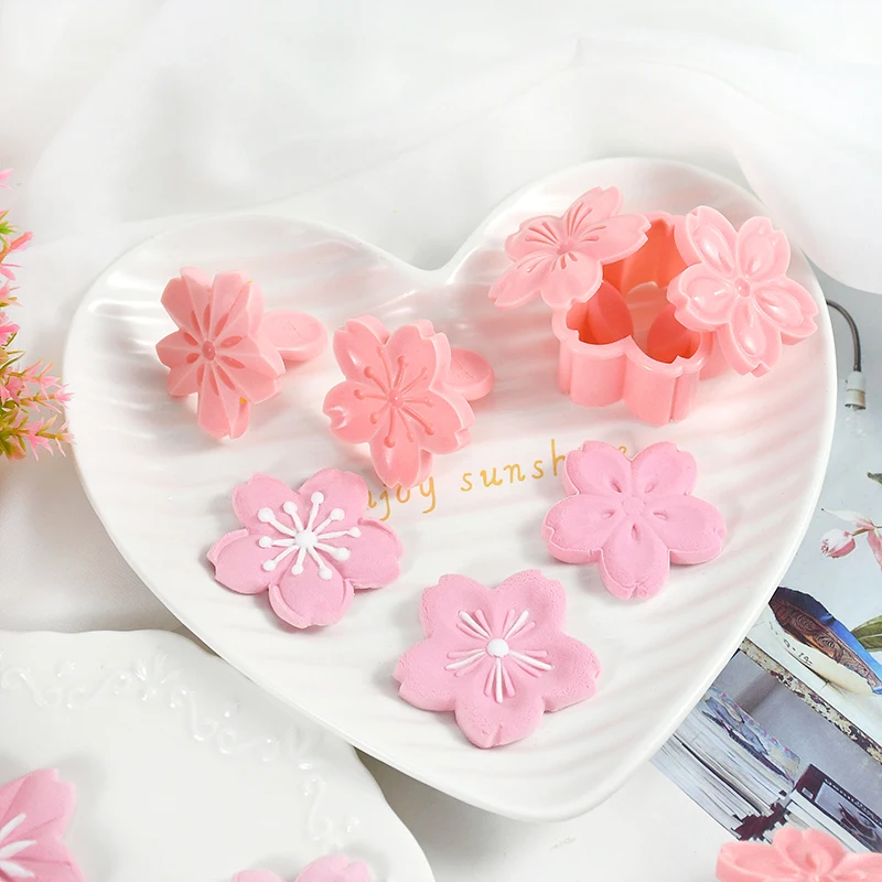 5pcs/set Sakura Cookie Mold Stamp Biscuit Cutter Pink Cherry Blossom DIY Floral Fondant Kitchen Baking Tools |
