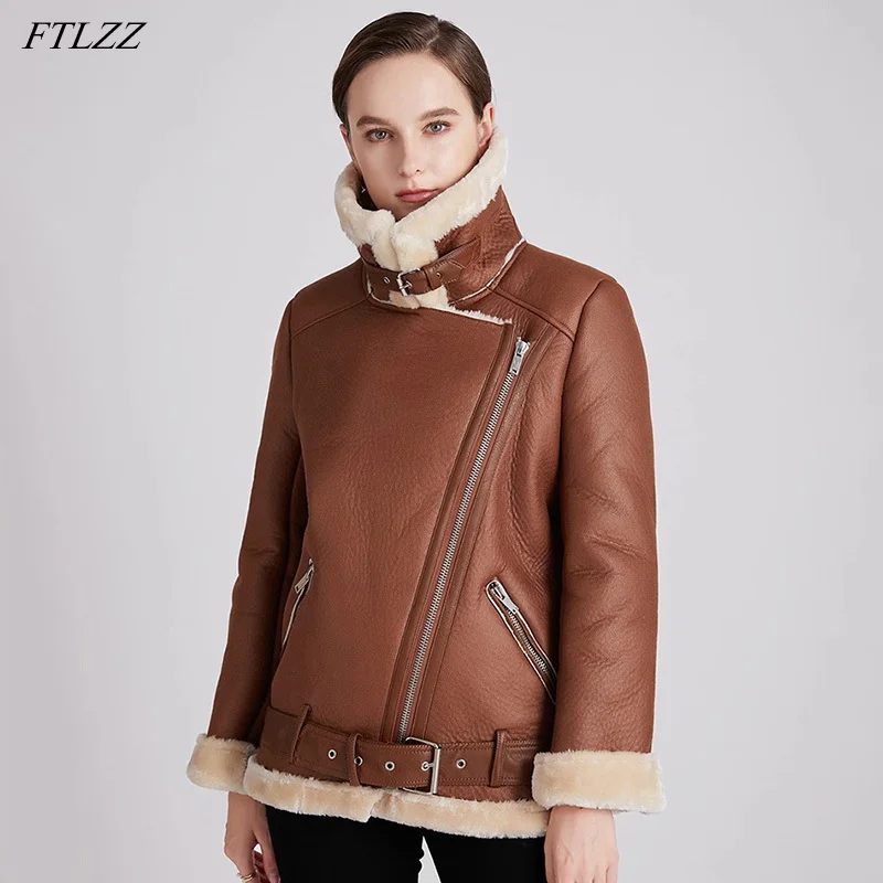 FTLZZ Winter New Lambs Wool Fur Collar Zipper Jacket Women Warm Thick Parker Faux Lamb Leather Coat Moto Bike Outwear with Belt