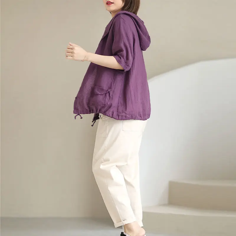 Женская льняная куртка весенне-летняя с капюшоном короткое пальто из хлопка и