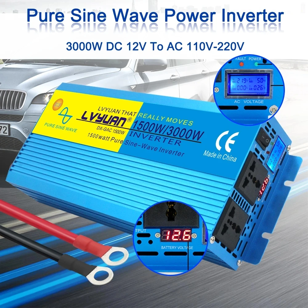 

Pure Sine Wave 3000W DC 12V/24V To AC 110V/220V 50Hz/60Hz LCD Display US/EU/Universal Socket Outing/Home Solar Power Inverter