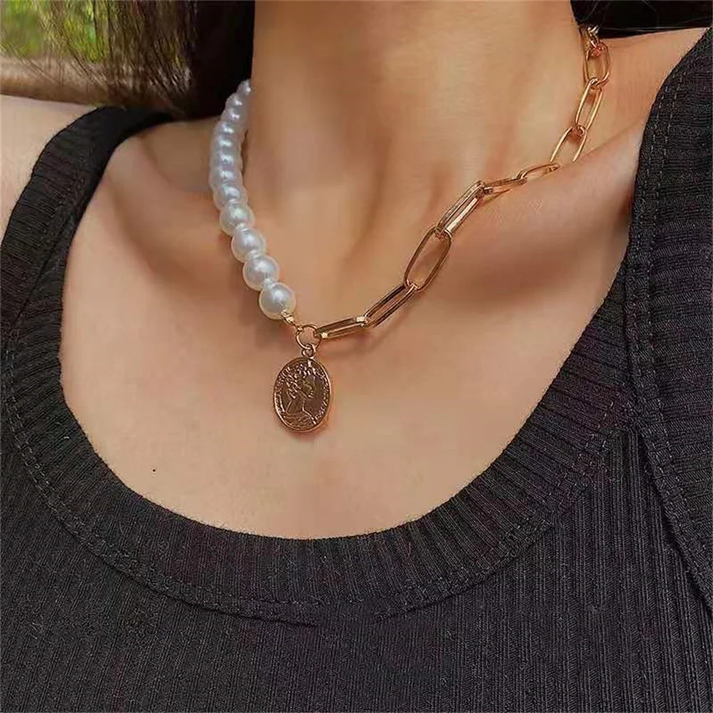 

Pearl man head Necklace Fashion hip hop pendant neck chain net red explosion clavicle chain women's gift