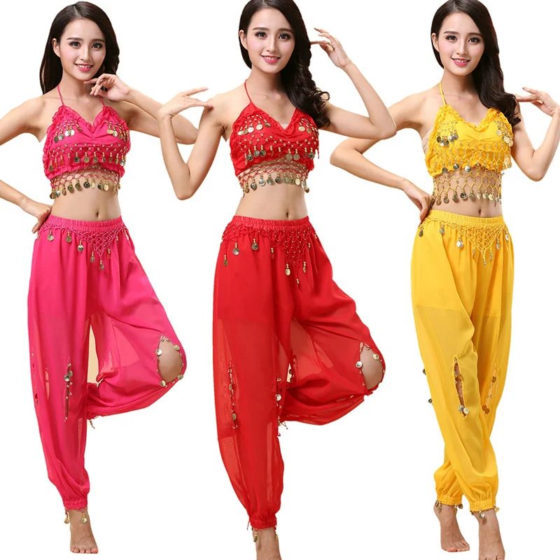 

Adult India Dance Costume Coins Suit ( tops+ pants) 2pcs/set Woman Tribal Dancing Dress Stage Performances Pant suit