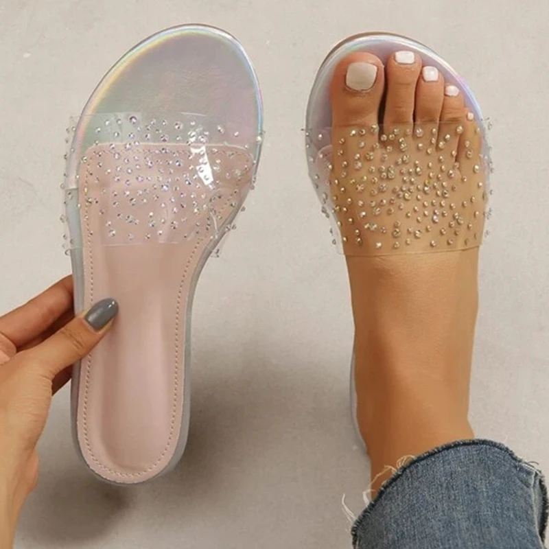 Women Slippers Transparent Sequins Woman Sandals Flat Bottom Non-slip Soft Cozy Outdoor Beach Sexy Slides New Summer Girl Shoes