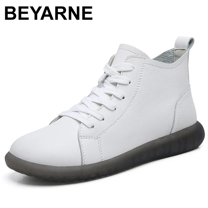 Gene Leather Spring Women Sport Flats for Ladies Casual White Sneakers High Gang Shoes Woman Soft Bottom Cross-tied Footwear