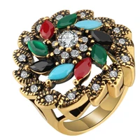 new colorful turkish antique gold color blue rhinestone crystal resin ring for women engagement wedding jewelry