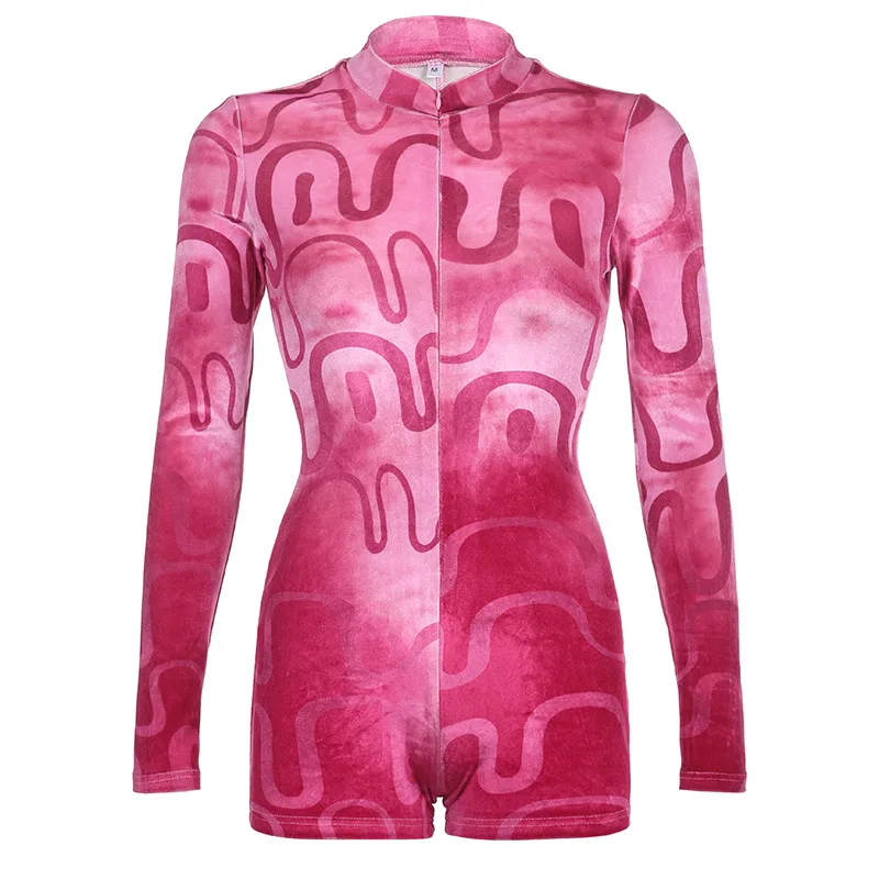 Women's Velvet Ripple Print Round Neck Invisible Zip Slim Long Sleeve One Piece Shorts