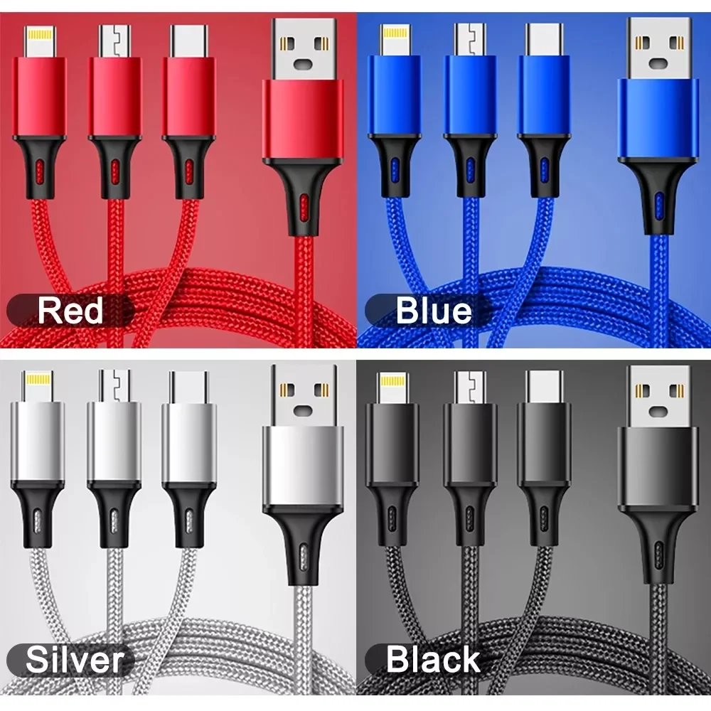 

3 in 1 5V 3A Fast Charging Cable Charging Wire Cord USB Cable Type-C Charger for Samsung Note10 Xiaomi Note 8T on iphone 12